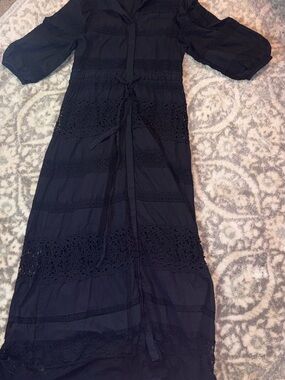 Anthropologie forever that girl Black Lace-Trim button Maxi Dress with Tie Waist
